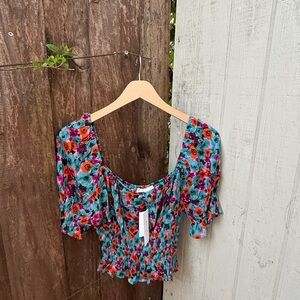 Nordstrom Teal Floral Smocked Puff-Sleeve Top
